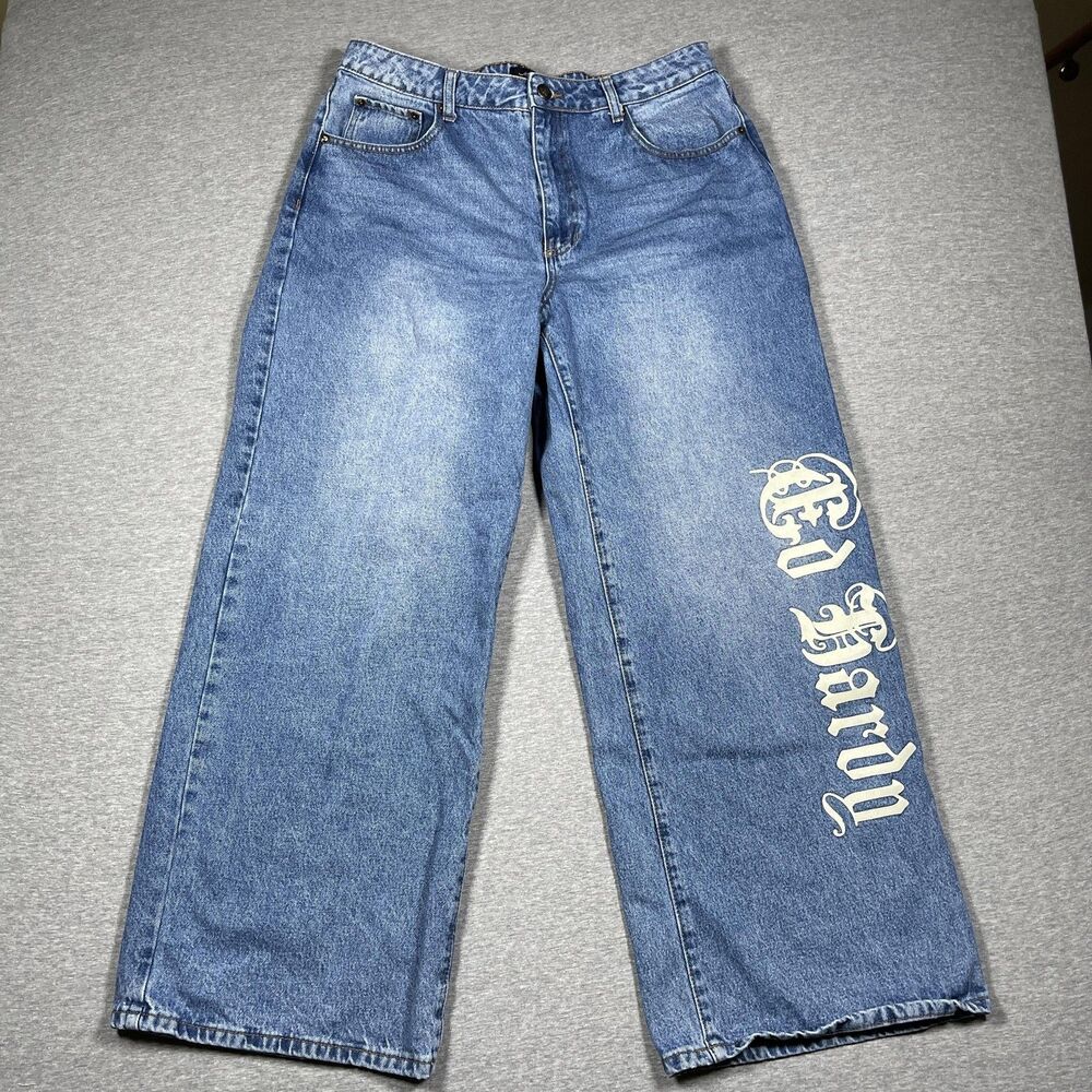 VTG Ed Hardy Jeans Mens 34 Blue Medium Wash Relaxed Straight Tattoo Graphics